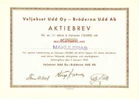 Veljekset Udd  Oy , 10 000 mk  osakekirja, Helsinki 2.1.1952
