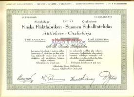 Suomen Puhallintehdas  Oy    ,  Litt D 1 000 000 mk VI osakeanti, osakekirja, Helsinki 16.7.1951