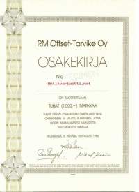RM Offset-Tarvike Oy, 1000 mk , osakekirja, Helsinki 5.4.1986
