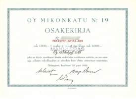 Mikonkatu nro 19 Oy 1000 mk , osakekirja, Helsinki 30.6.1950