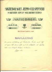 Jepuan villakehräämö Oy 500 mk , osakekirja, Jepua 1915