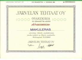 Järvelän Tehtaat  Oy   10x 1 000 mk , osakekirja, Helsinki 15.3.1943