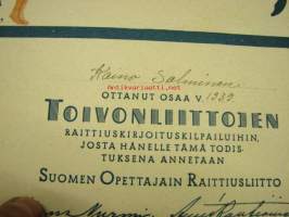 Suomen Opettajain Raittiusliitto, toivonliittojen raittiuskirjoituskilpailu, Kaino  Salminen 1939 -osallistumistodistus
