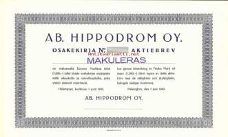 Hippodrom Oy Ab   1 000 mk , osakekirja, Helsinki  1.6.1945