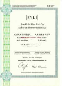 Pankkiiriliike Evli Oy 1100x40 mk , osakekirja, Helsinki  29.9.1995