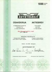 Autotransit Oy10 000x1 000mk , osakekirja, Helsinki 24.2.1988