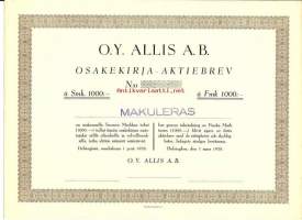 AllisOy Ab  1 000 mk , osakekirja, Helsinki 1.3.1938
