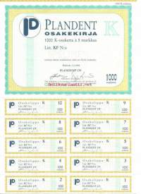 Plandent Oy    Litt KF 1000x5 mk   , osakekirja,  Helsinki 1.2.1989
