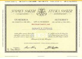 Suomen Sokeri  Oy  100x600 mk  osakekirja, Helsinki 15.12.1936