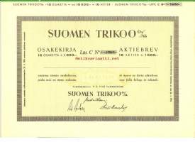 Suomen Trikoo  Oy  10x1000 mk  osakekirja, Tampere 9.2.1955