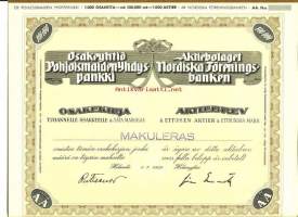 Pohjoismaiden Yhdyspankki  Oy    1000 x 100 mk   , osakekirja,  Helsinki 1.7.1951