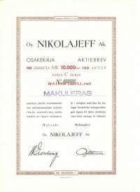 Nikolajeff Oy Ab  10 000 mk   , osakekirja,  Helsinki