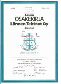Lännen Tehtaat Oy 10 mk   , osakekirja,  Säkylä 31.12.1985