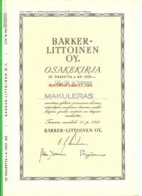 Barker-Littoinen Oy   10x1000 mk   , osakekirja,  Turku 15.3.1941
