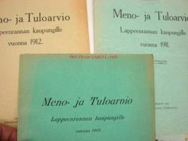 Meno- ja tuloarvio Lappeenrannan kaupunki, erilliset painokset vuuosille 1902, 1904, 1908, 1910, 1911, 1912, 1928