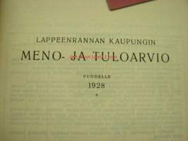 Meno- ja tuloarvio Lappeenrannan kaupunki, erilliset painokset vuuosille 1902, 1904, 1908, 1910, 1911, 1912, 1928