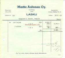 Martta Aaltonen Oy  - lasku nr 719  ,  firmalomake 1952
