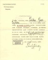 Todistus 16.7.1937 - Junien jarrulaitteet, vaunujen lämmitys-, jäähdytys- ja valaisinlaitteet sekä akselinlaakerien hoito