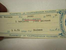 Joutsen apteekki Turku, 1.6.1951 -apteekkisignatuuri