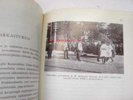 Porin Vapaaehtoinen Palokunta ry 1863-1963 historiikki, satavuotisjuhlan käsiohjelma, osallistujamerkki