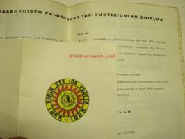 Porin Vapaaehtoinen Palokunta ry 1863-1963 historiikki, satavuotisjuhlan käsiohjelma, osallistujamerkki