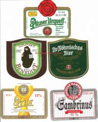 Olutetiketti - Gambrinus, Pilsner Urquell, Prior, Ur-Böhmisches Bier ja Benedickt    5 eril