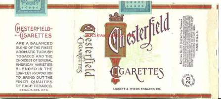Chesterfield   - tupakkaetiketti,  avattu tuotepaketti -kääre