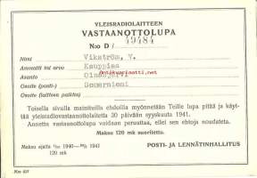 Yleisradiolaitteen vastaanottolupa - radiolupa 1940-41