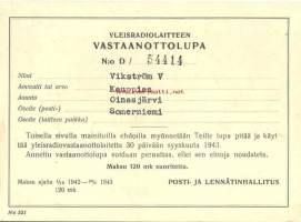 Yleisradiolaitteen vastaanottolupa no D 54414 - radiolupa 1942-43