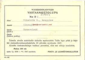 Yleisradiolaitteen vastaanottolupa D 59607  - radiolupa 1946-47