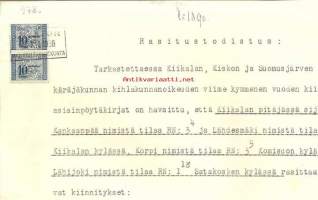 Asiakirja leimamerkein 1938  - rasitustodistus Kiikala, Kisko ja Suomusjärvi 3 sivua
