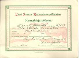 Kantakirjatodistus - Länsi-Suomen Karjanjalostusyhdistys, lehmä Mansike synt 1926, Köyliö 1937