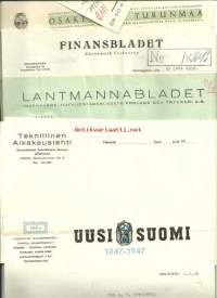 Sanoma- ja aikakausilehti,  firmalomake 5 eril  1938-48 - Turunmaa, Finansbladet, Lantmannabladet, Teknillinen Aikakausilehti ja Uusi Suomi