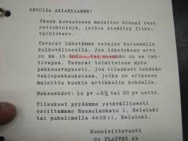 Oy Plastex Ab -tuoteluettelo 1950-luvulta, sisältää taloustarvikkeita, leikkikaluja