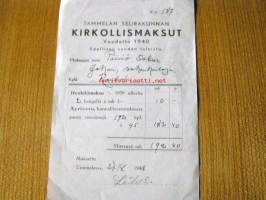 kirkollismaksu  tammelan seurakunnan  27.8.1940