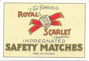 The Famous Royal Scarlet, made in Finland -tulitikkuetiketti  punttikoko