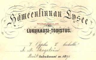 Lukukausi-todistus 1890 - Hämeenlinnan Lyseo - koulutodistus
