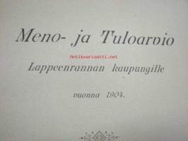 Meno- ja tuloarvio Lappeenrannan kaupunki, erilliset painokset vuuosille 1902, 1904, 1908, 1928 ym. asiakirjoja budjetoinnista