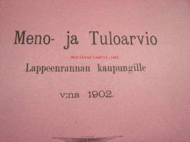 Meno- ja tuloarvio Lappeenrannan kaupunki, erilliset painokset vuuosille 1902, 1904, 1908, 1928 ym. asiakirjoja budjetoinnista