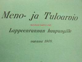 Meno- ja tuloarvio Lappeenrannan kaupunki, erilliset painokset vuuosille 1902, 1904, 1908, 1928 ym. asiakirjoja budjetoinnista