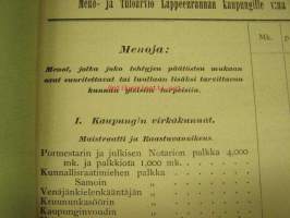 Meno- ja tuloarvio Lappeenrannan kaupunki, erilliset painokset vuuosille 1902, 1904, 1908, 1928 ym. asiakirjoja budjetoinnista