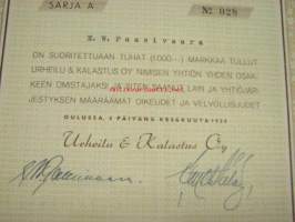 Urheilu &amp; Kalastus Oy, sarja A 1000 mkn nr 28, Oulu 5.6.1930, E.W. Paasivaara -osakekirja