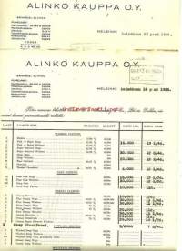 Alinko Kauppa Oy 1939 - firmalomake  2 kpl
