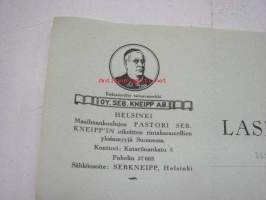 Oy Seb. Kneipp Ab (Maailmankuulut Pastori Seb. Kneipp´in oikeat rintakaramellit), Helsinki / Niilo Tunturi, Turku, 13.5.1930 -asiakirja
