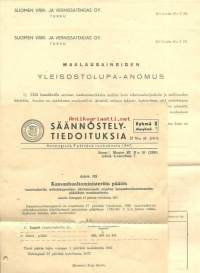 Kansanhuoltoministeriön tiedotuksia nro 53/1947 ja 2 kpl Suomen Väri- ja Vernissatehtaan KH ( Kansanhuolto ) lomake nro T 231   - asiakaskirje , firmalomake