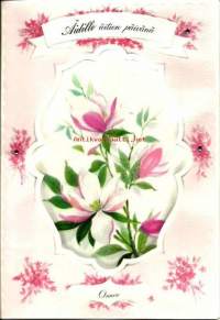 Kolmiulotteinen kukkakortti -pehmustettu kankainen tyyny ja lasihelmi-koriste, taiteilijakortti  1965