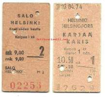 Junalippu Helsinki-Karjaa 1 lk 1974 ja Salo-Helsinki 2 lk 1972