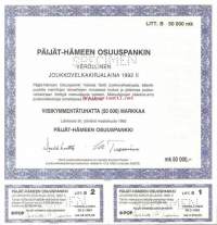 Päijät-Hämeen Osuuspankki , Verollinen joukkovelkakirjalaina 1992 II   50 000 mk  Lahti 30.3.1992,   specimen   joukkovelkakirjalaina