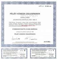 Päijät-Hämeen Osuuspankki , Verollinen joukkovelkakirjalaina 1992 II   10 000 mk  Lahti 30.3.1992,   specimen   joukkovelkakirjalaina