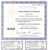 Päijät-Hämeen Osuuspankki , Verollinen joukkovelkakirjalaina 1992 I   50 000 mk  Lahti 2.1.1992,   specimen   joukkovelkakirjalaina